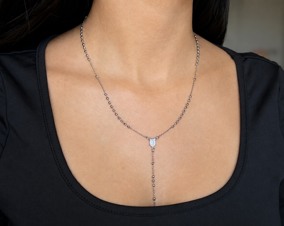 Silver Saint Milagros Rosary Necklace