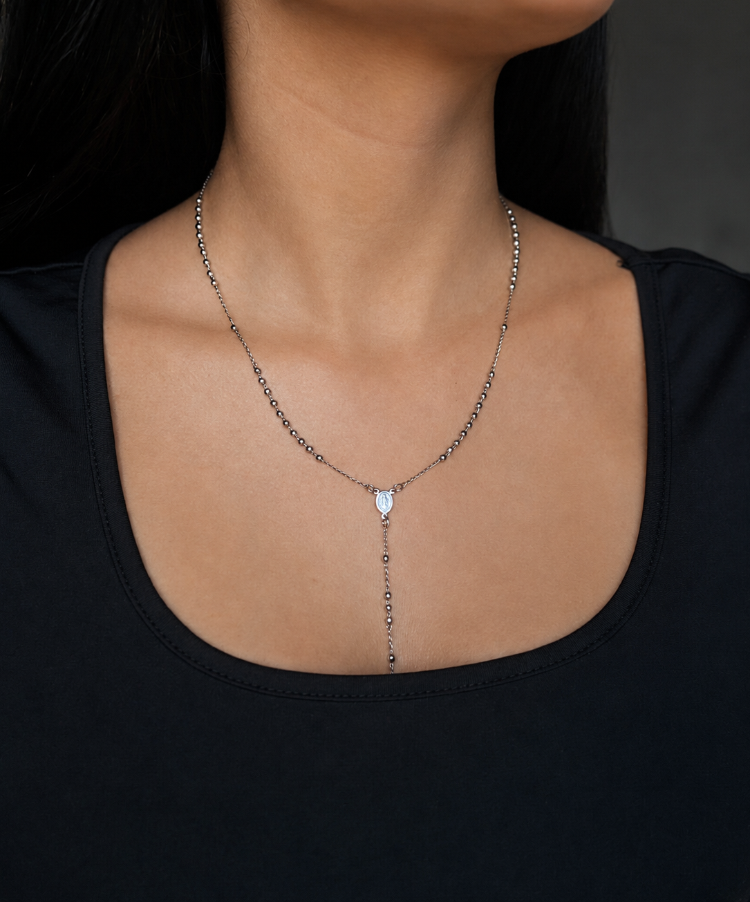 Silver Saint Milagros Rosary Necklace