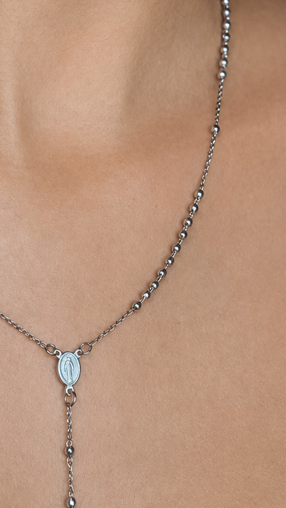 Silver Saint Milagros Rosary Necklace