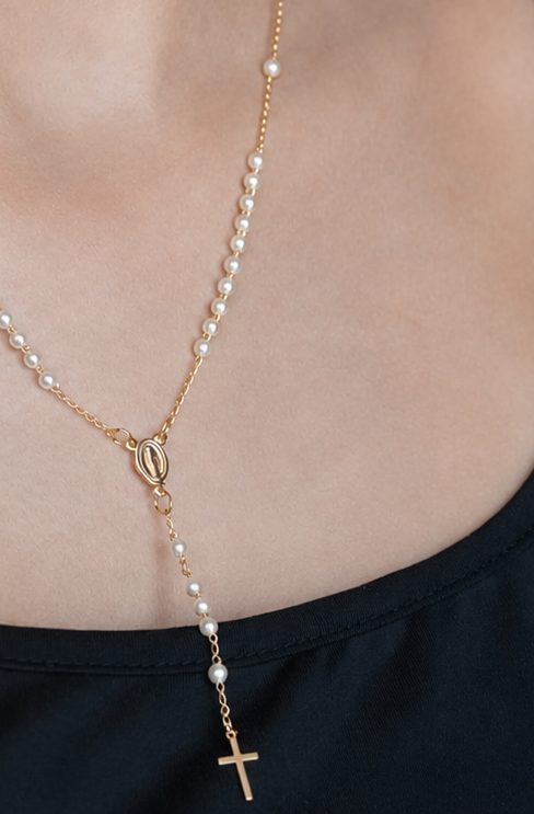 Pearl Saint Milagros Rosary Necklace