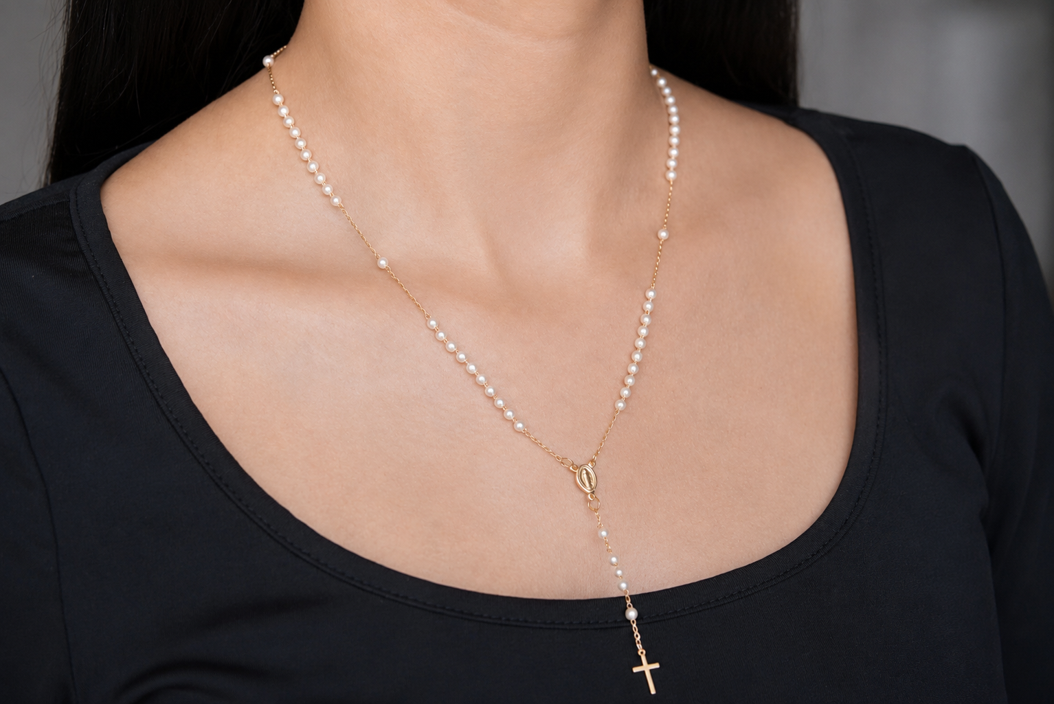 Pearl Saint Milagros Rosary Necklace