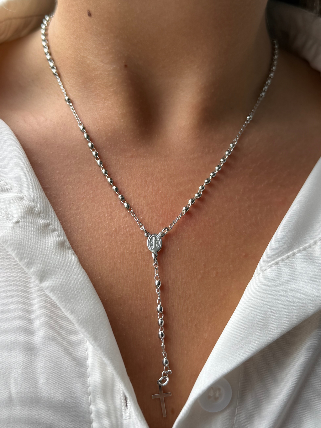 Silver Saint Milagros Rosary Necklace