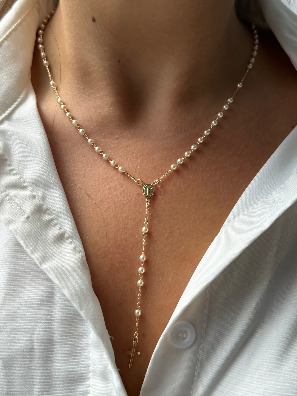 Pearl Saint Milagros Rosary Necklace