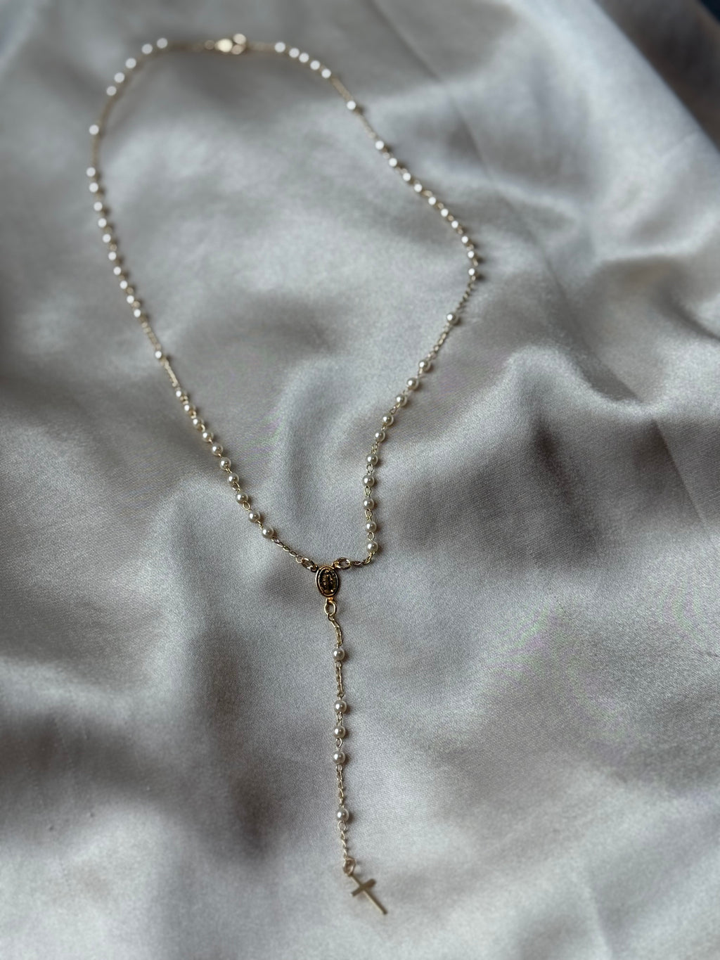 Pearl Saint Milagros Rosary Necklace