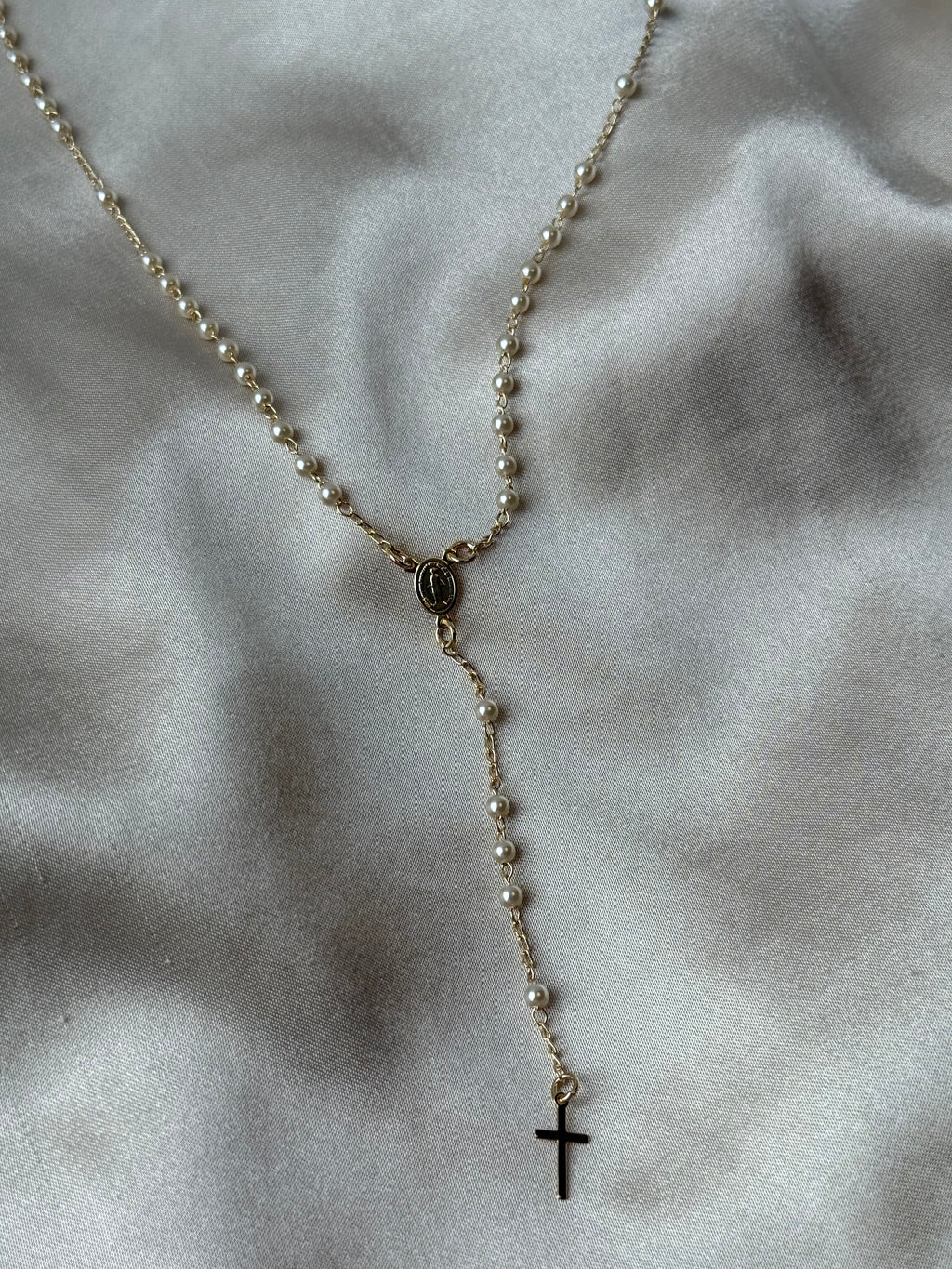 Pearl Saint Milagros Rosary Necklace