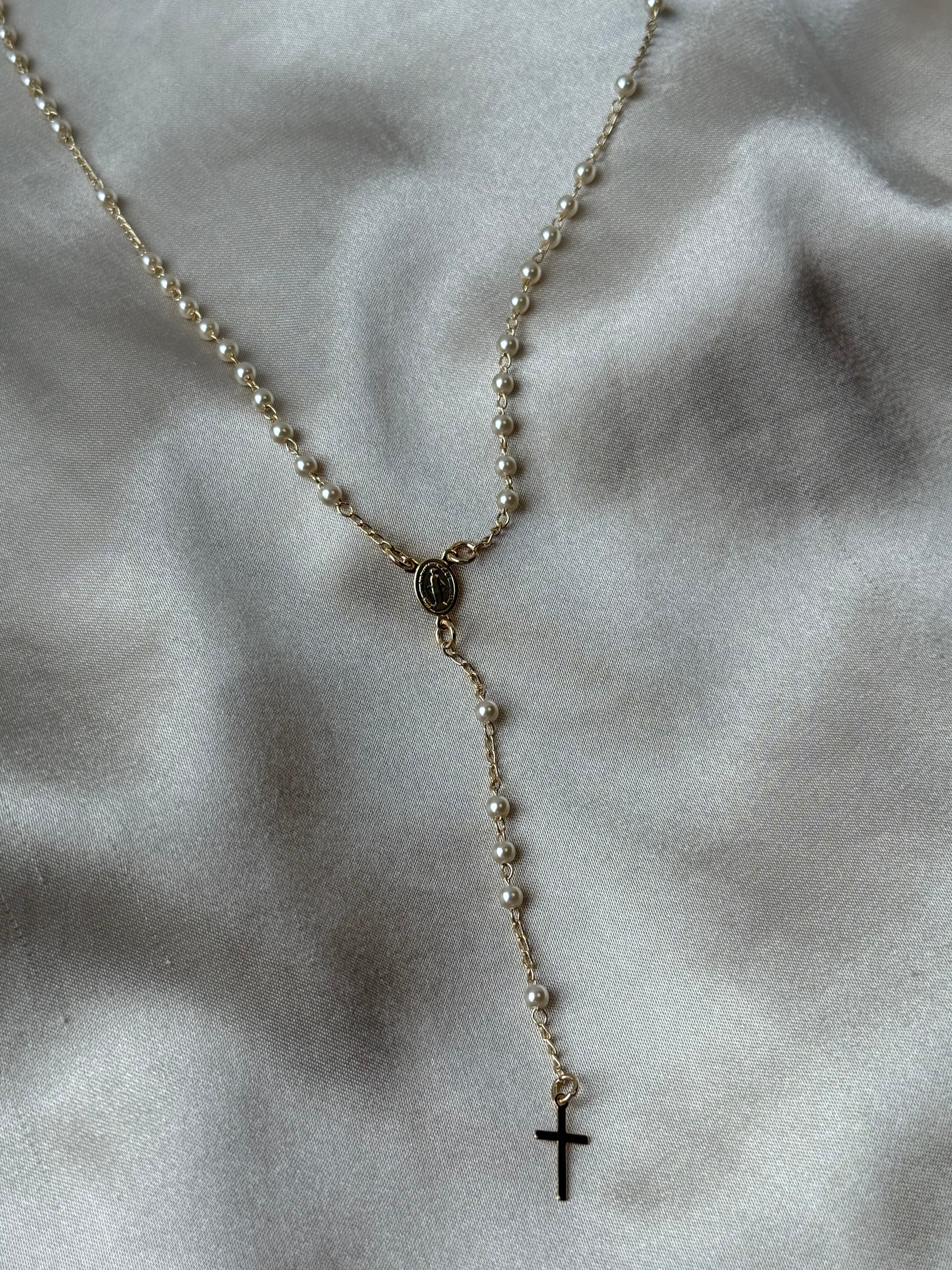 Pearl Saint Milagros Rosary Necklace